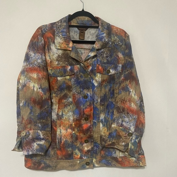 Multiples LIKE NEW watercolor print 100% linen boxy cut casual jacket size 0X - Picture 1 of 4